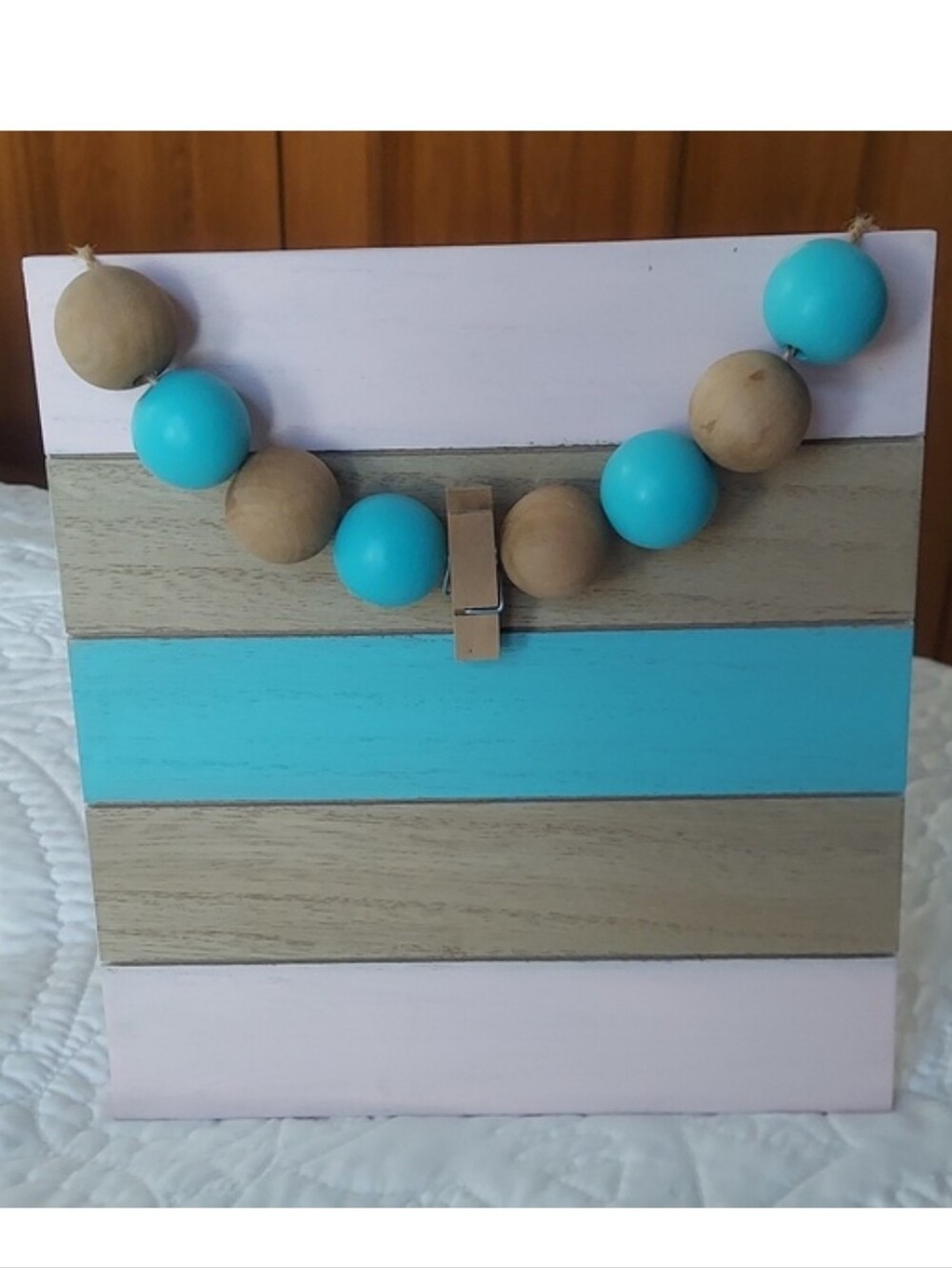 * Hobby Lobby Turquoise, Natural Wood & Pale Pink Striped Photo Frame, Like New